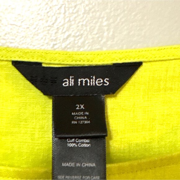Ali Miles Womens Button Back Lime Poncho Top 2X Loose Fit 100% Cotton - Picture 2 of 8